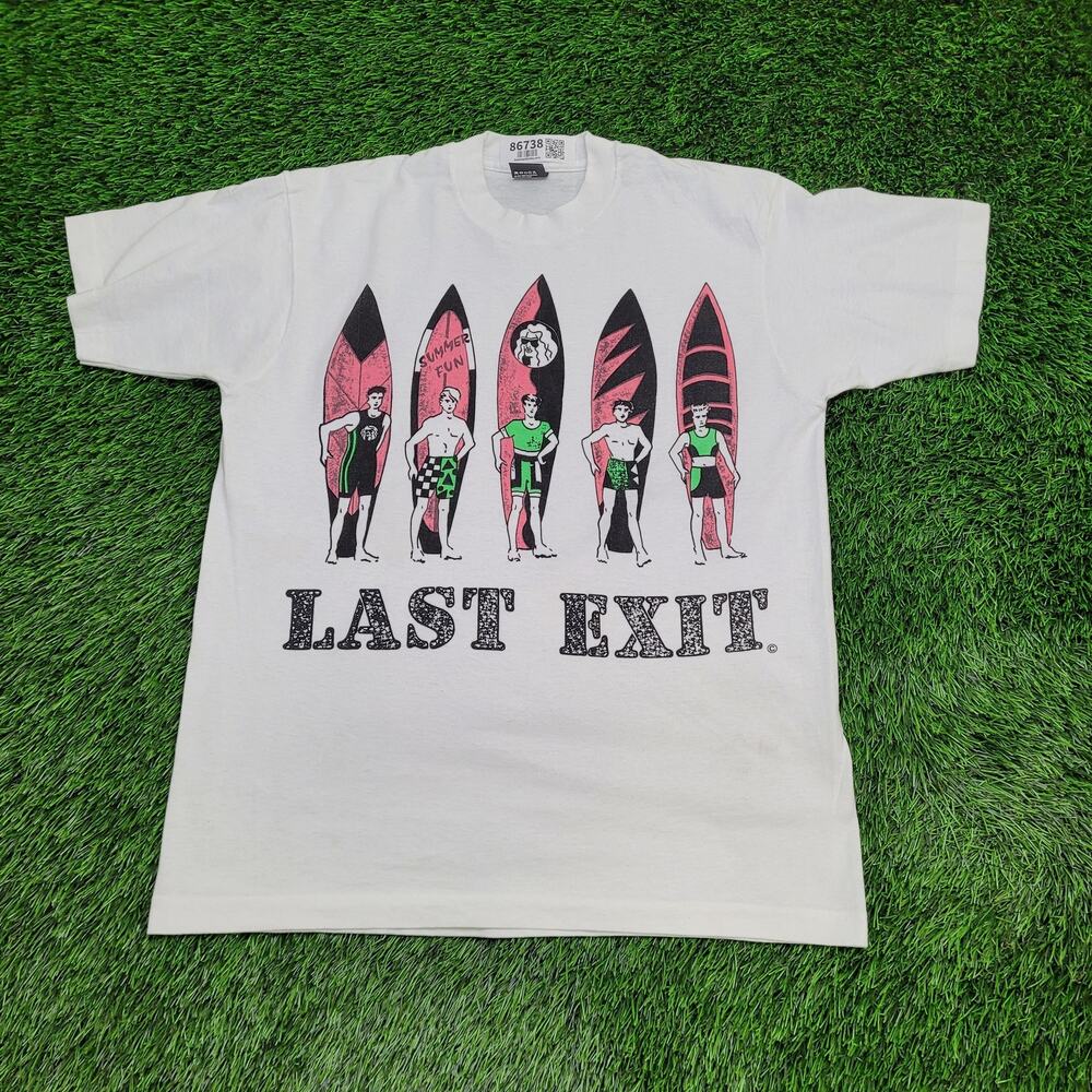 Vintage 80s Last-Exit Surfer Shirt XL 21x27 Summer-Fun Crop USA